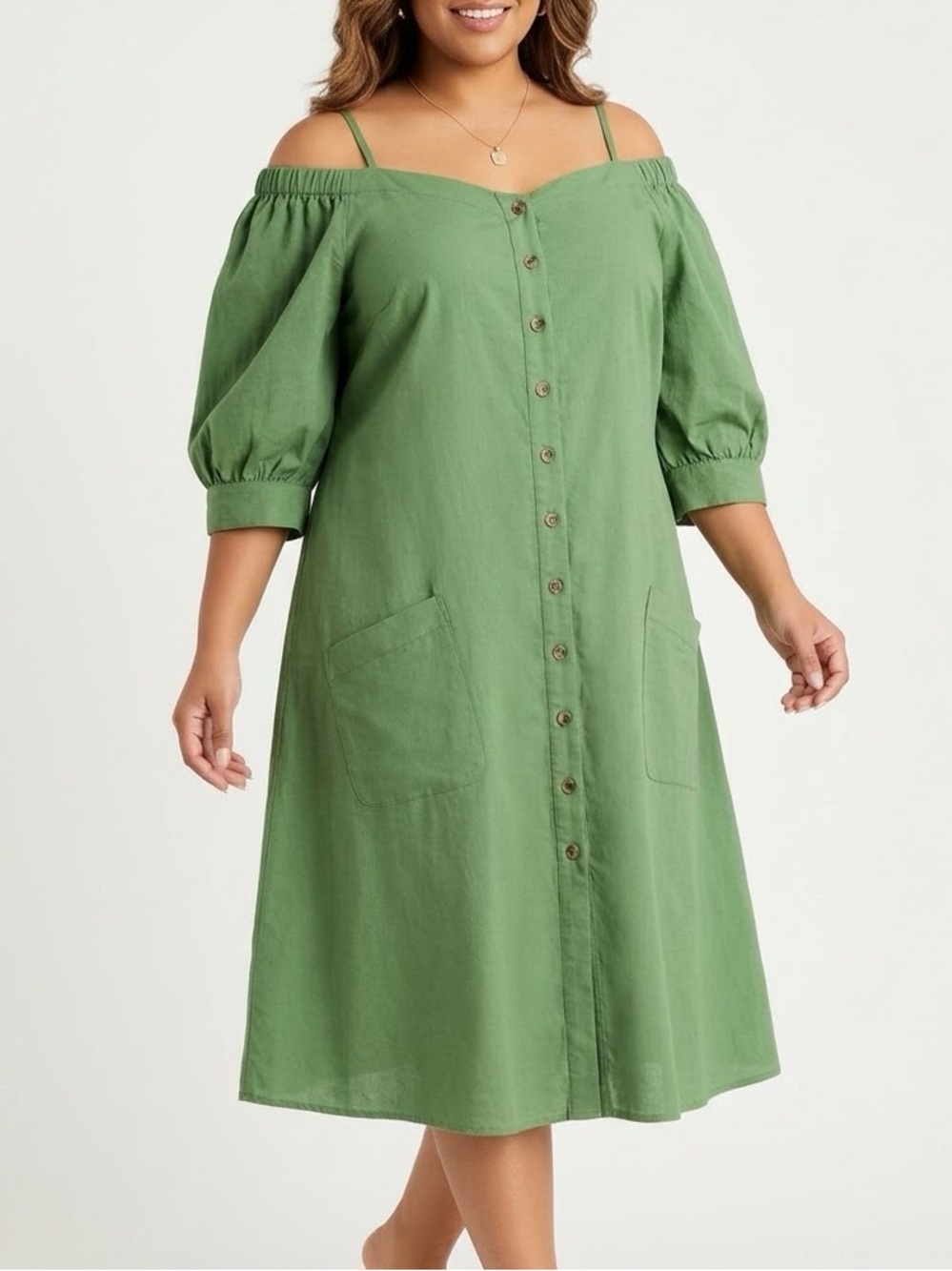 Ashley Stewart Dress Womens 22/24 Green Excellent Off Shoulder Puff Sleeve Midi